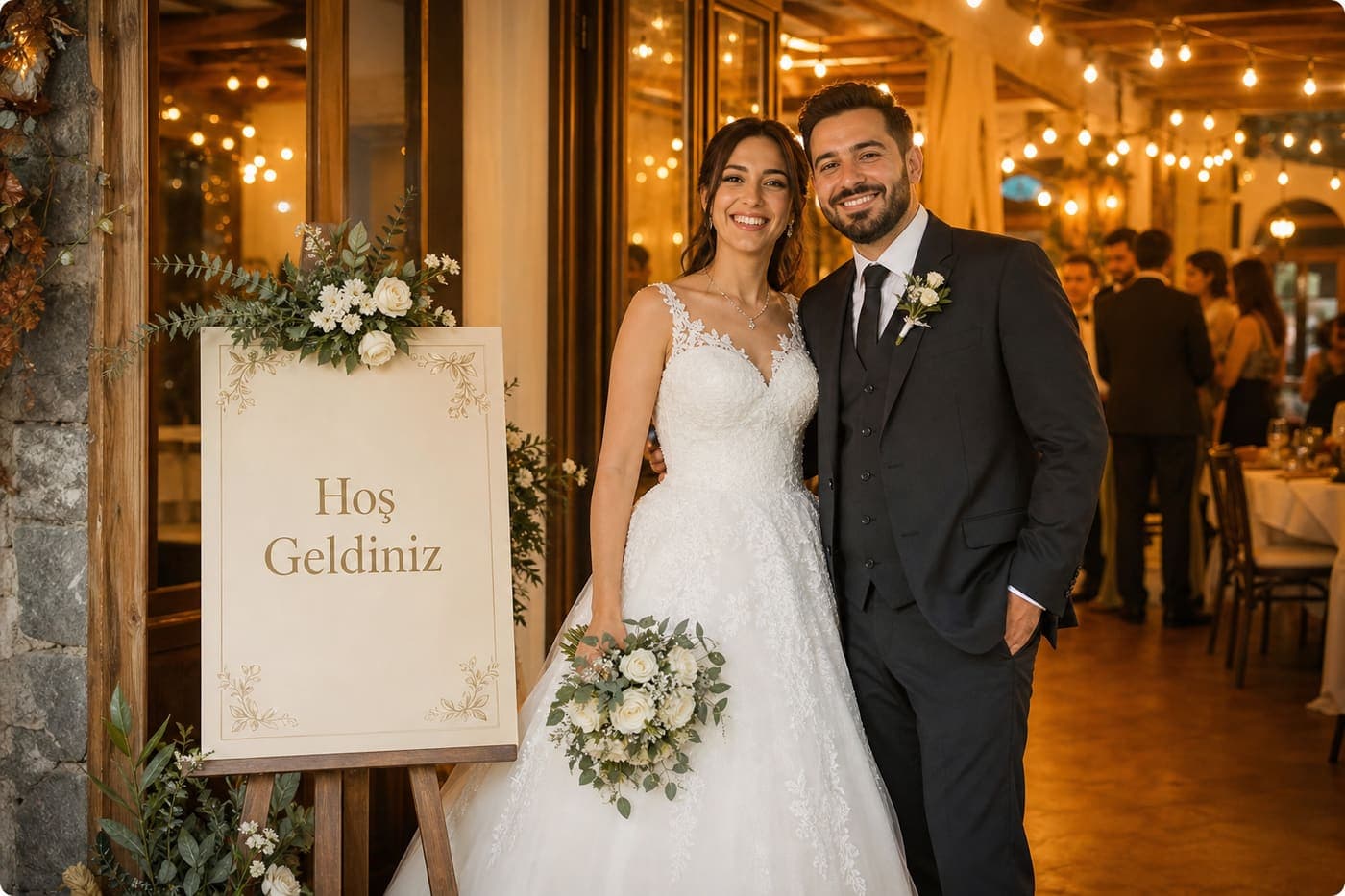Düğün karşılama alanındaki çift